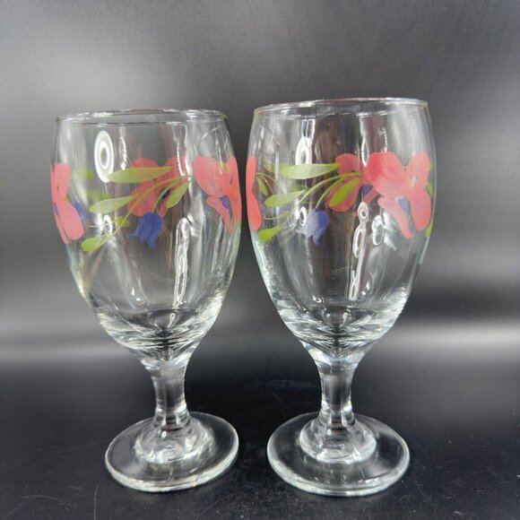 Libbey Barware Glasses Pink Flowers Water Goblet Drinking Glasses Set 2 VTG - Picture 12 of 14